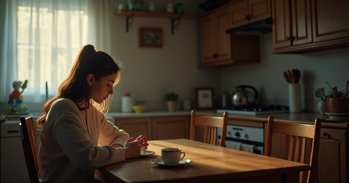 Mãe sentada sozinha na cozinha, luz suave refletindo no rosto. 