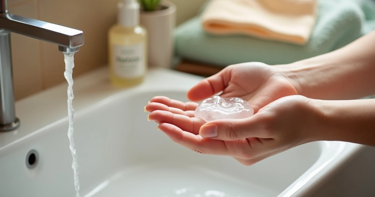 Mãe aplicando sabonete líquido suave na mão do bebê