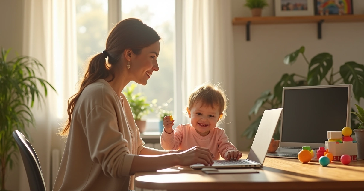 Mãe trabalhando em casa ao computador com o filho brincando ao lado 