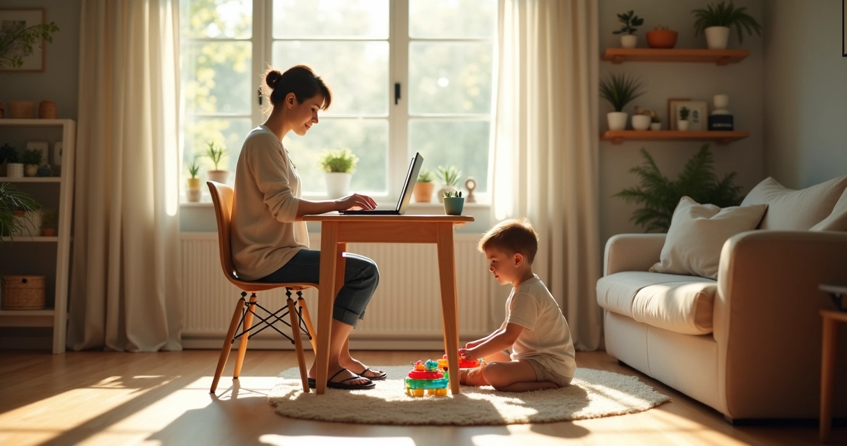 Mãe trabalhando no notebook enquanto bebê brinca ao lado 