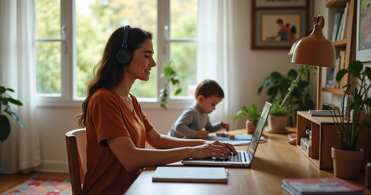 Mãe usando laptop em casa enquanto observa criança brincando 