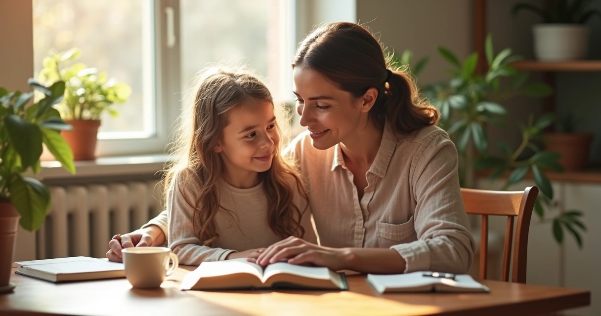 Mãe e filha fazendo devocional juntas, Bíblia aberta sobre a mesa 