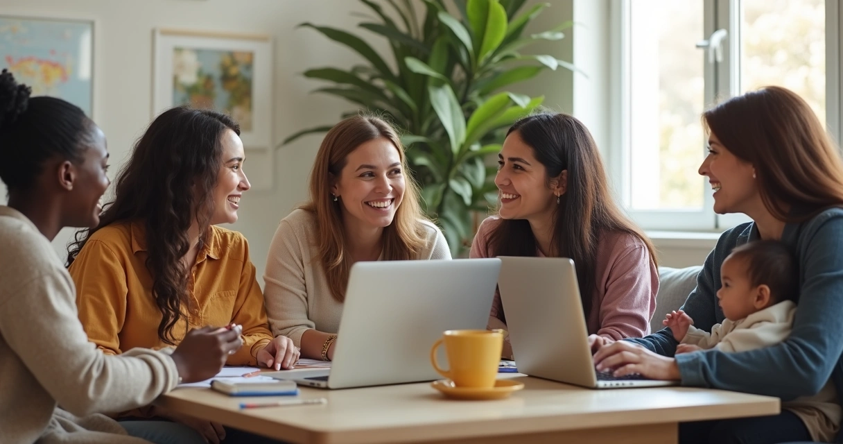 Grupo de mães conversando animadas em reunião online 