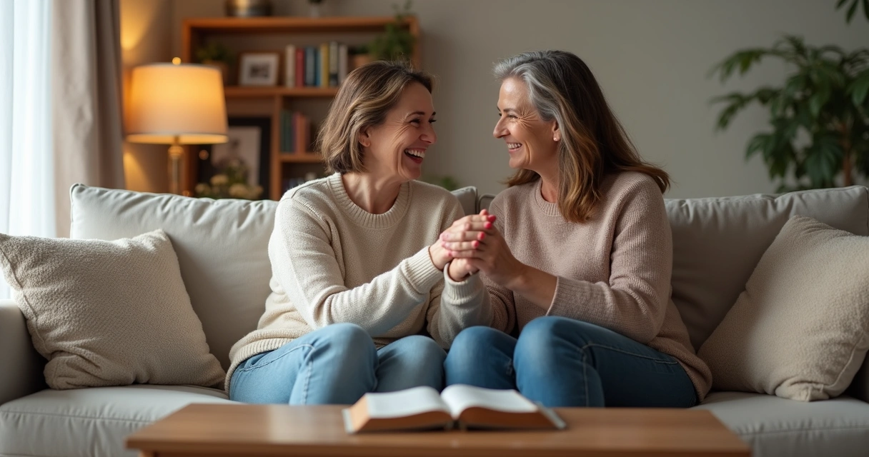 Duas mulheres sentadas conversando, trocando apoio com semblantes acolhedores, em ambiente claro e aconchegante.