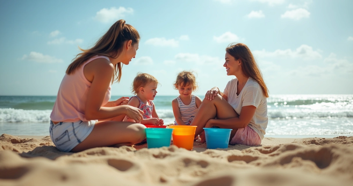 Mães cristãs conversando e crianças brincando na praia 