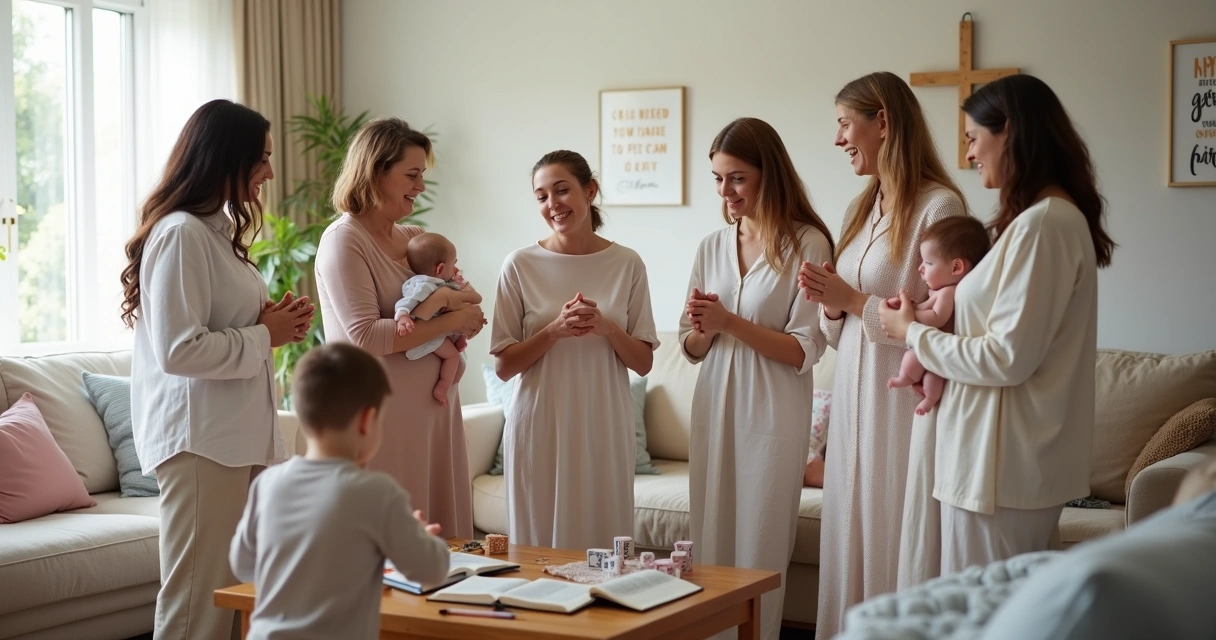 Mães cristãs orando de mãos dadas em roda na sala de estar 