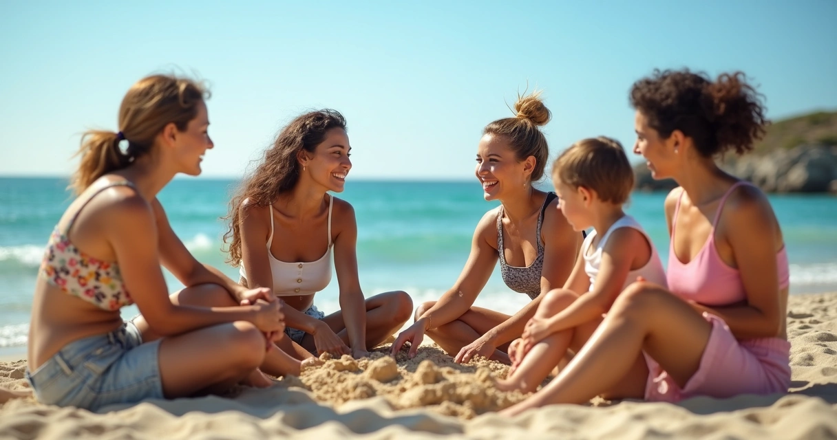 Grupo de mães sentadas em roda conversando na praia 