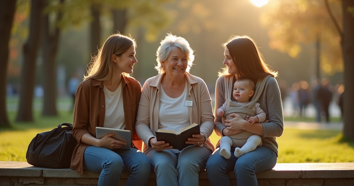 Jovens cristãs conversando com mulher mais velha em parque ao entardecer 