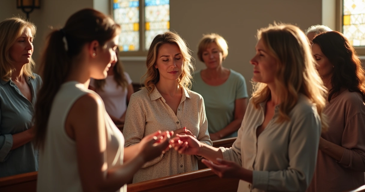 Mulheres reunidas em círculo orando de mãos dadas em igreja 