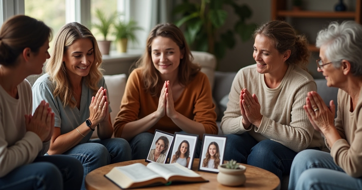 Mães reunidas orando com fotos de filhos universitários