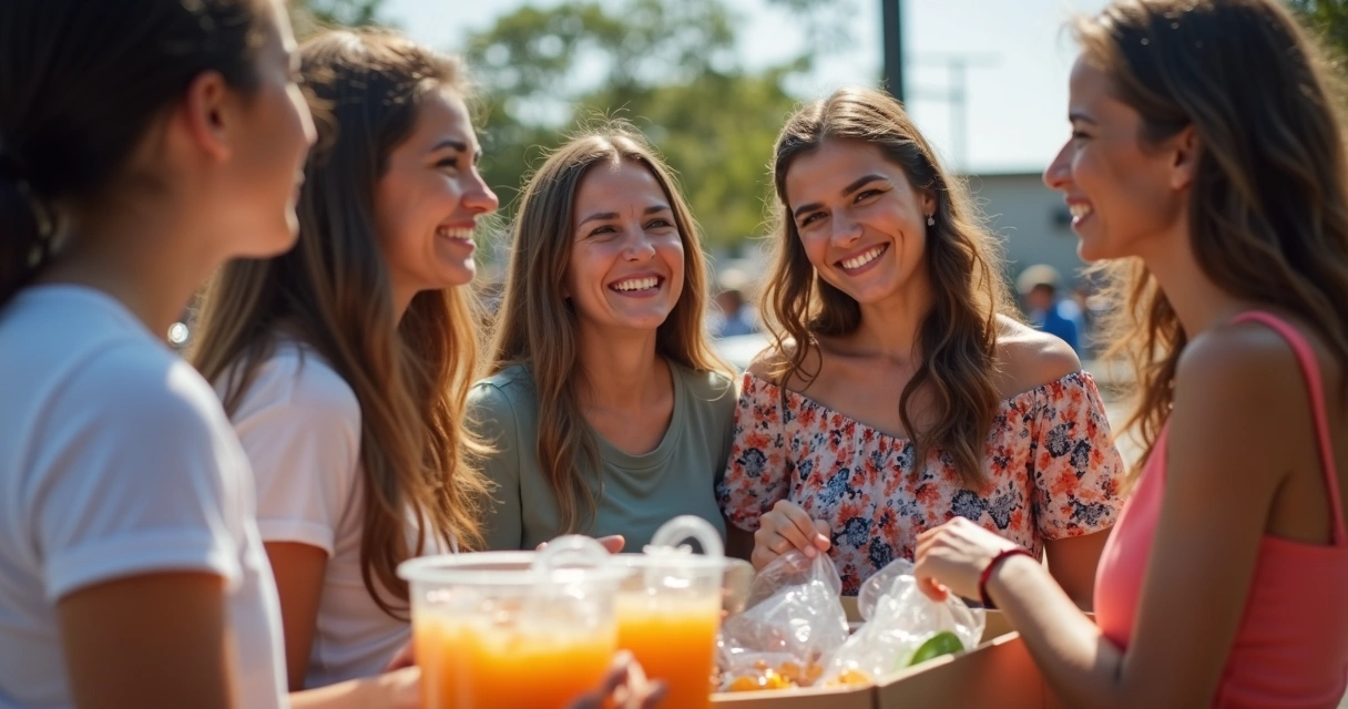 Mulheres cristãs reunidas distribuindo alimentos