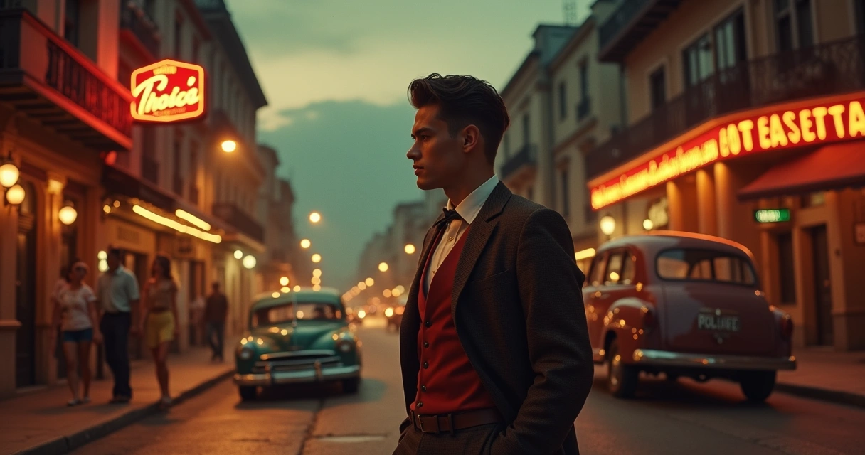 Cena nostálgica de Vito Scaletta nos anos 40, em uma rua da cidade com carisma vintage e dilemas morais.