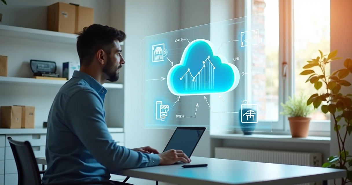 Pequeno empresário observando painel digital de nuvem com loja integrada 