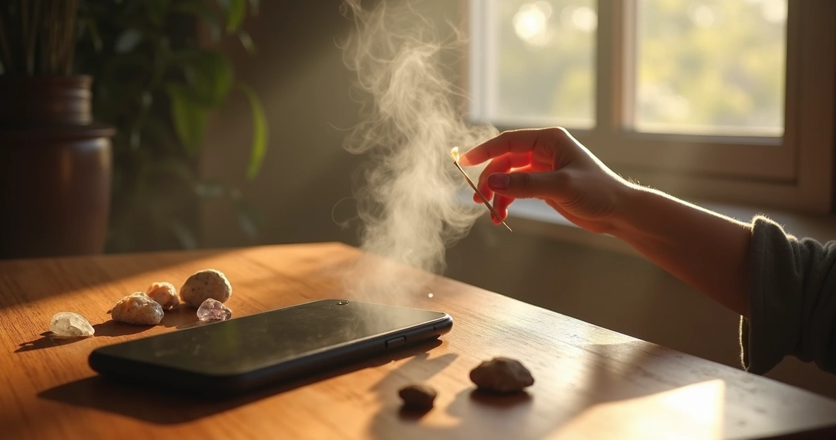Incenso ao lado de celular sobre mesa de madeira 