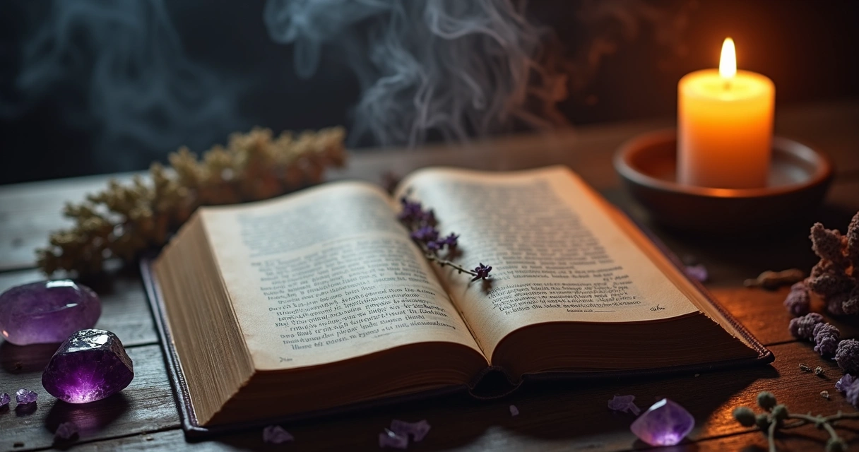 Cartas antigas abertas ao lado de uma vela acesa e cristais em fundo escuro 