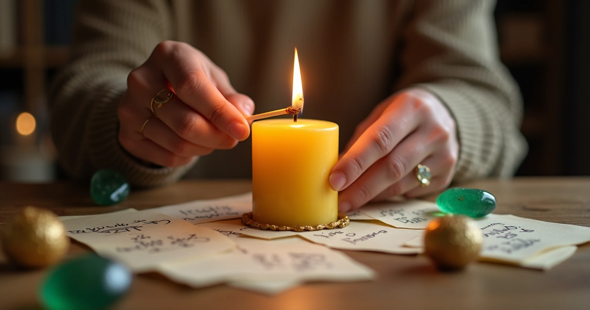 Pessoa acendendo vela amarela para ritual de prosperidade 