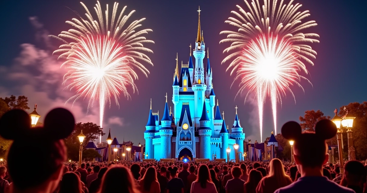 Castelo da Cinderela iluminado com fogos no Magic Kingdom 