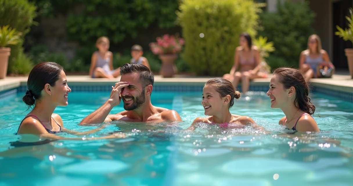 Side-by-side view of people swimming in a traditional chlorine pool showing irritation and in a magnesium pool looking relaxed