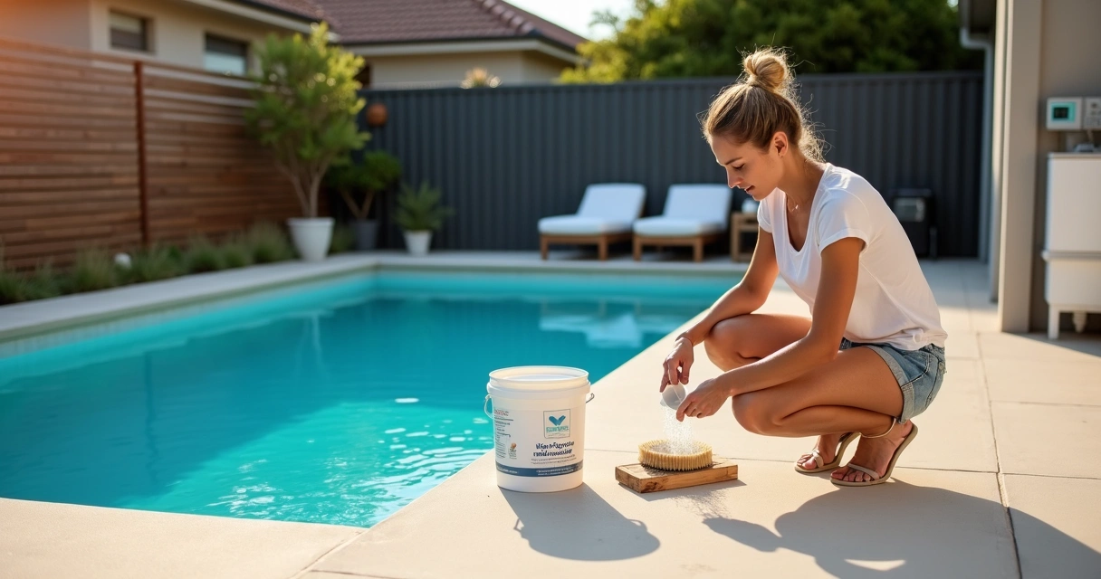 Woman pouring magnesium minerals into a clear backyard pool beside pool equipment 