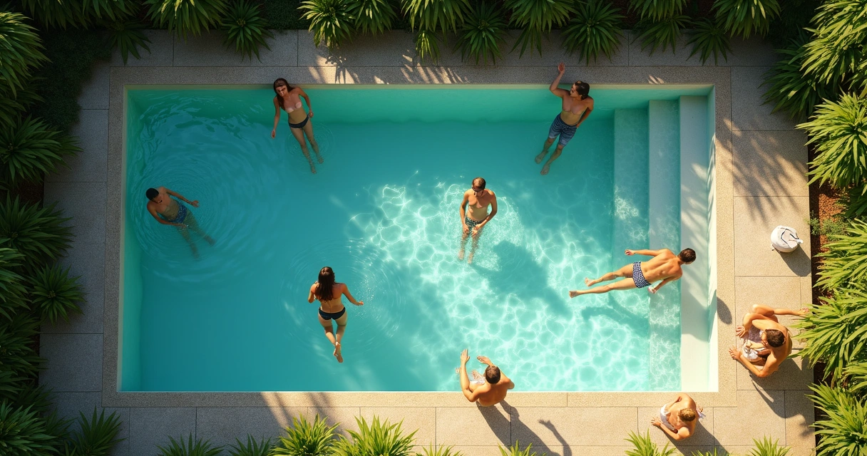 Relaxed people in a magnesium pool with lush plants, blue sky, and soft sunlight