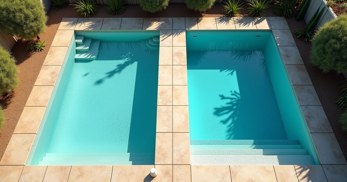 Split-view comparison of magnesium and chlorine pool water with Australian landscape 