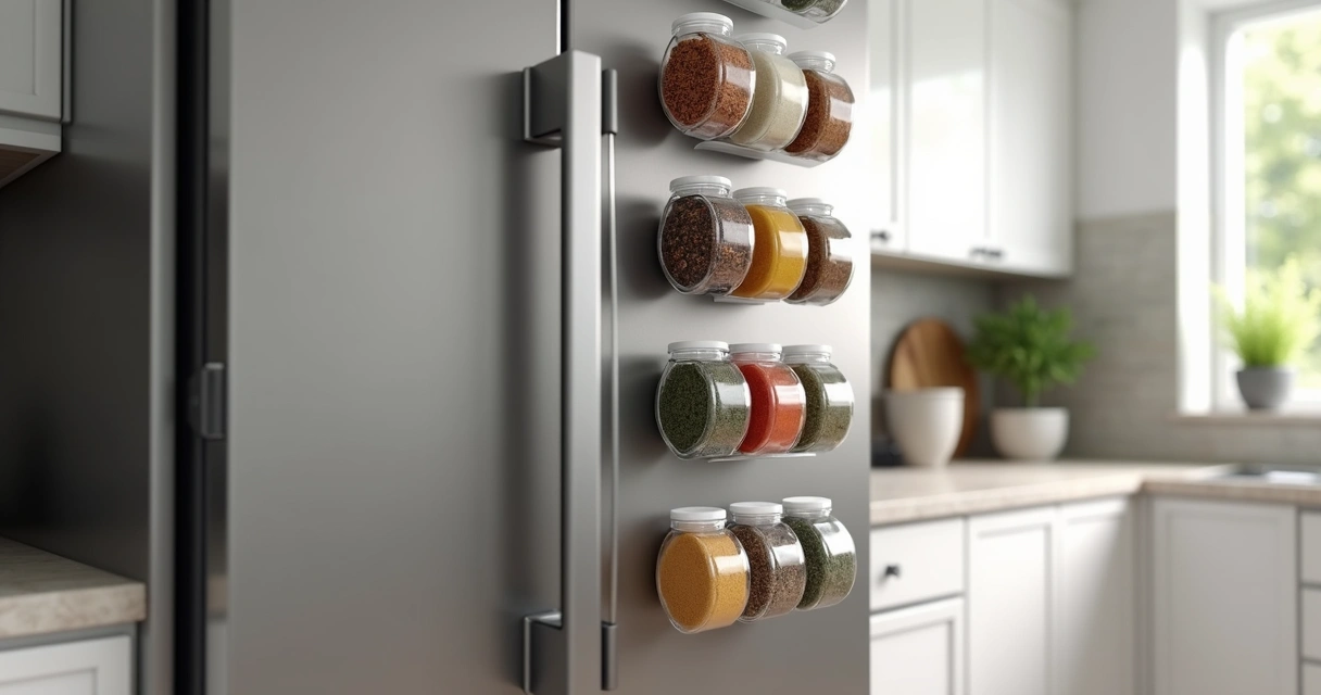 Magnetic spice jars neatly arranged on refrigerator door 