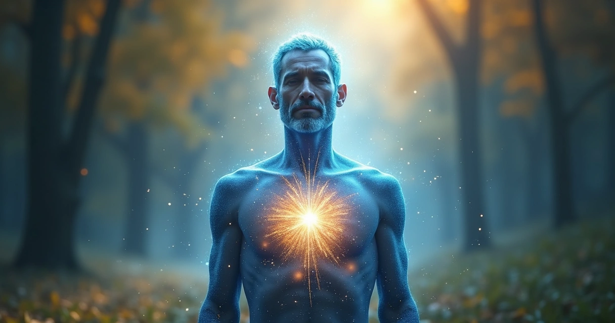 Pessoa com aura brilhante irradiando energia magnética azul e dourada em ambiente sereno 