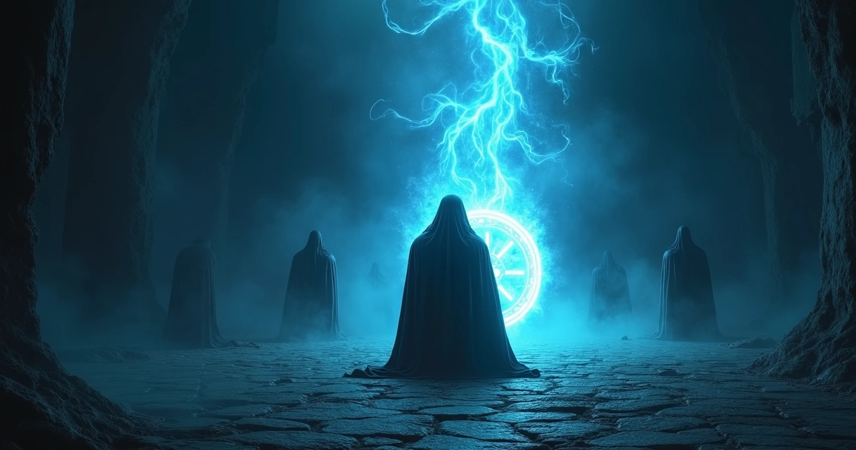 Mago utilizando runa defensiva em sala escura com monstros ao redor 