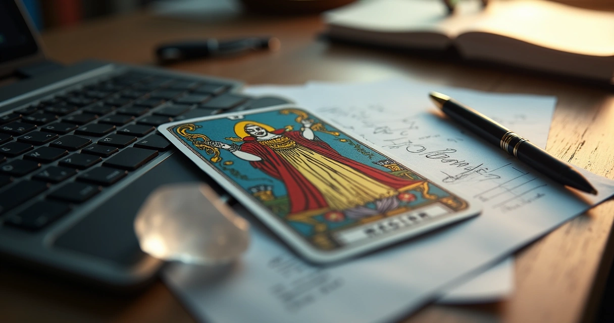 Carta do Mago do tarot sobre teclado de computador 