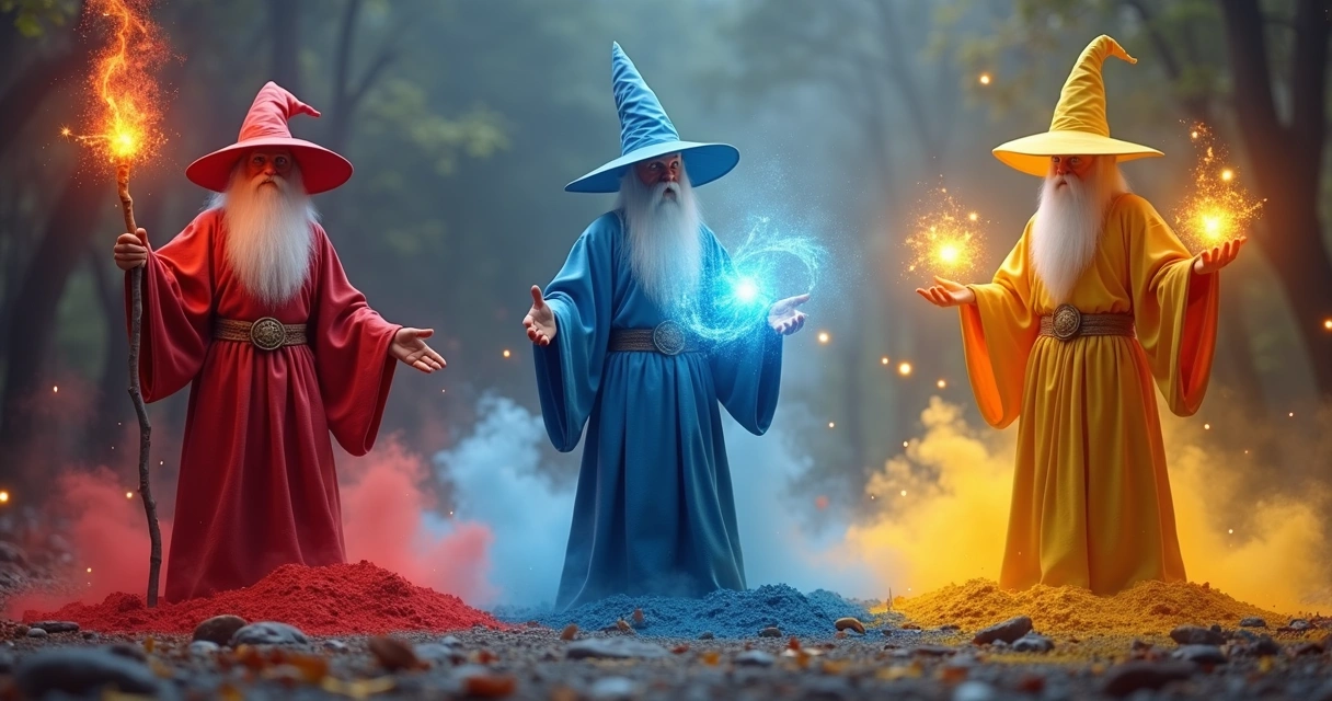 Três magos coloridos com envelopes de pó mágico vermelho, azul e amarelo ao redor em ambiente místico detalhado 