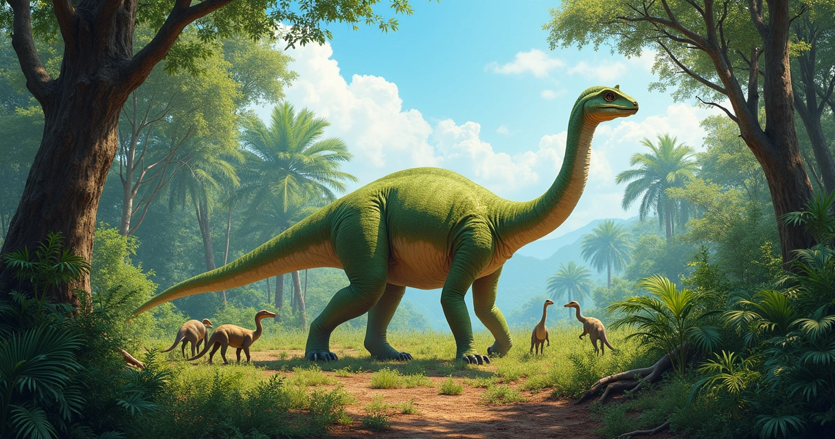 Maiasaura pastando em floresta densa do Cretáceo, com filhotes e vegetação abundante ao redor.