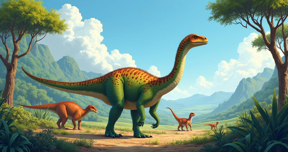 Maiasaura em um ambiente pré-histórico, destacando comportamento social e vegetação do Cretáceo.