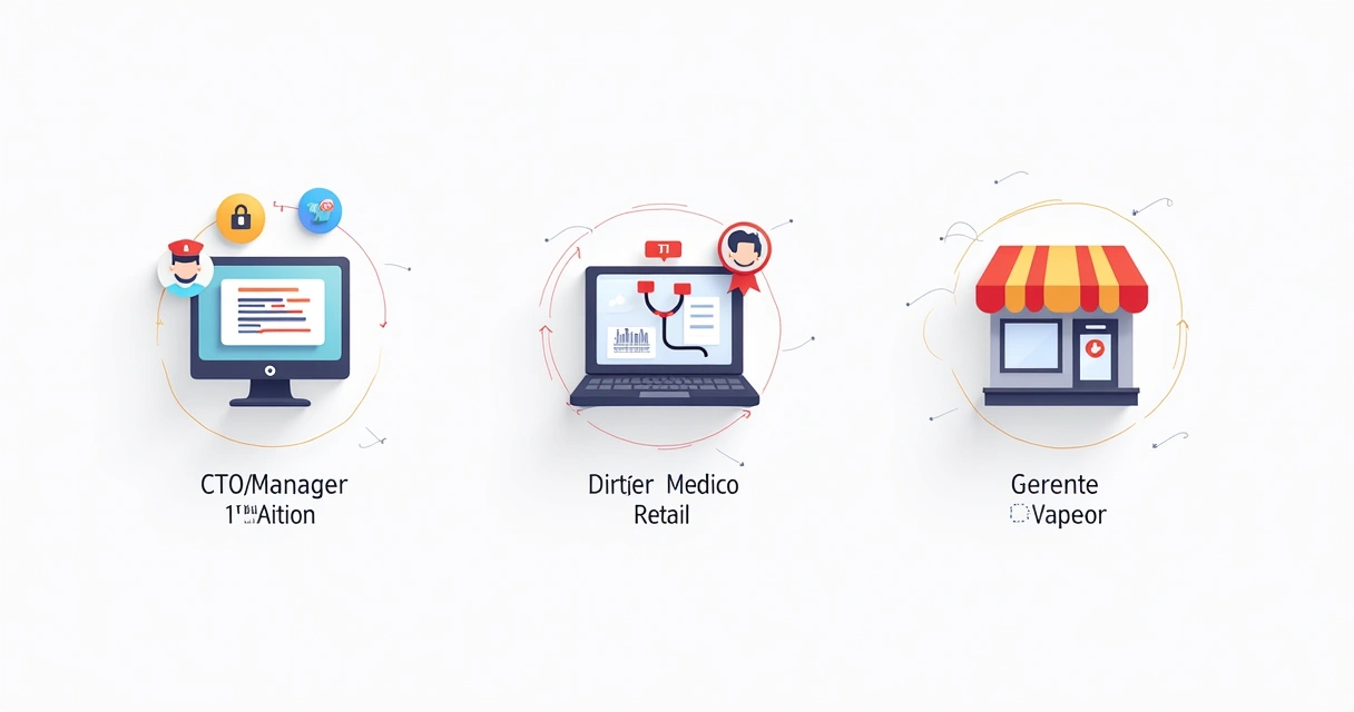 Ícones representando TI, Saúde e Varejo com exemplos de cargos 