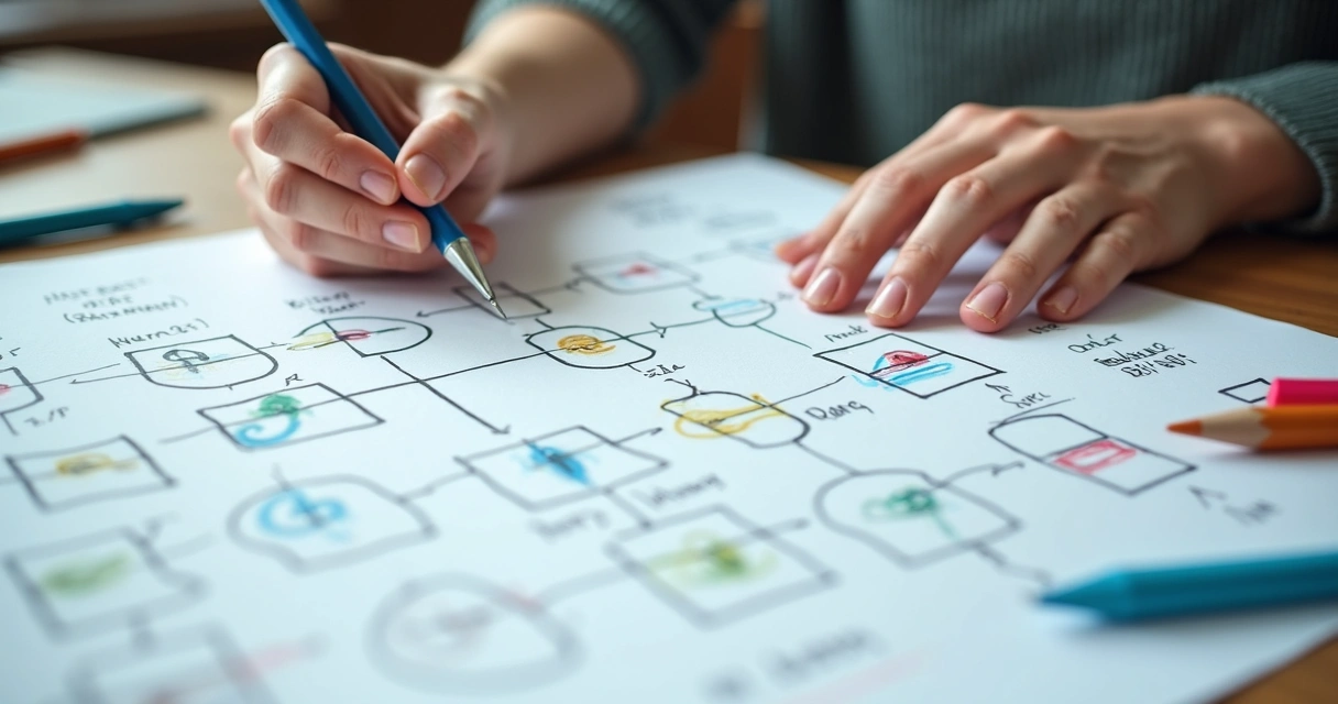 Mãos traçando linhas entre círculos em um genograma desenhado à mão