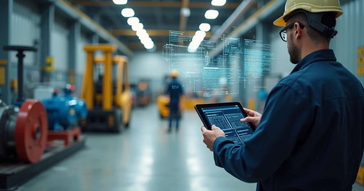 Technician using AR tablet in factory aisle 