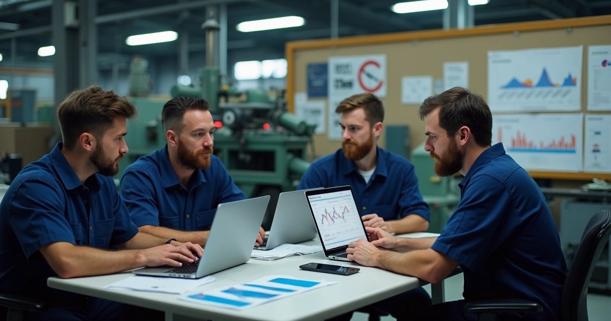 Technicians reviewing maintenance cost data on laptops at a factory table 