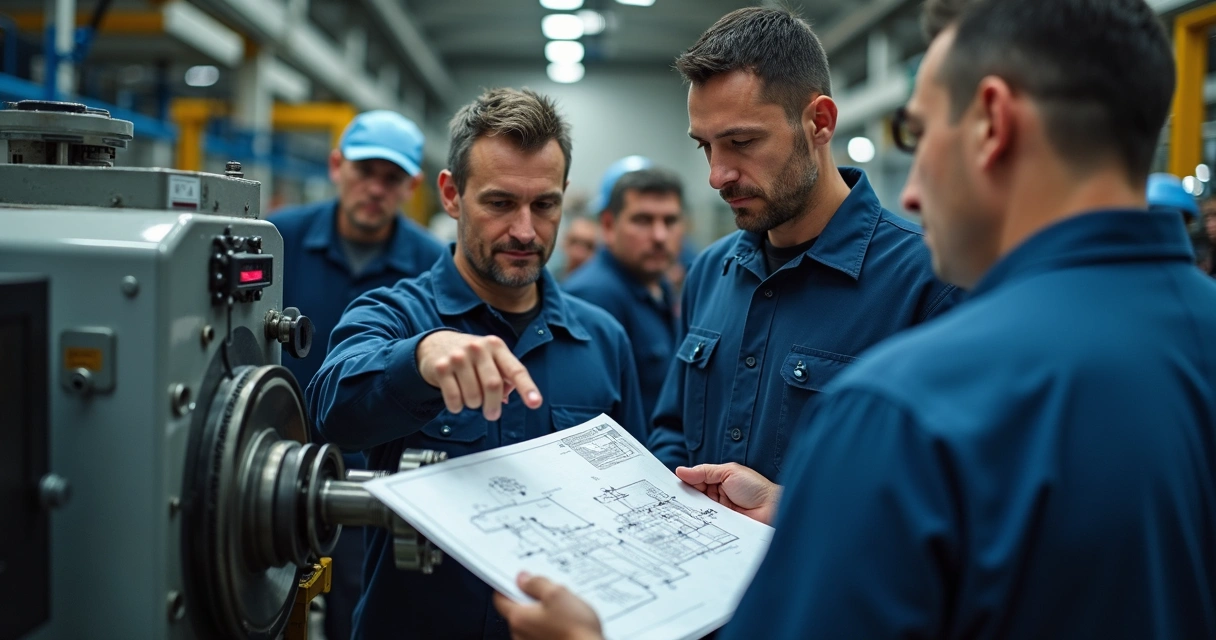 Technicians in uniforms working together with machinery, sharing tools and explaining procedures. 