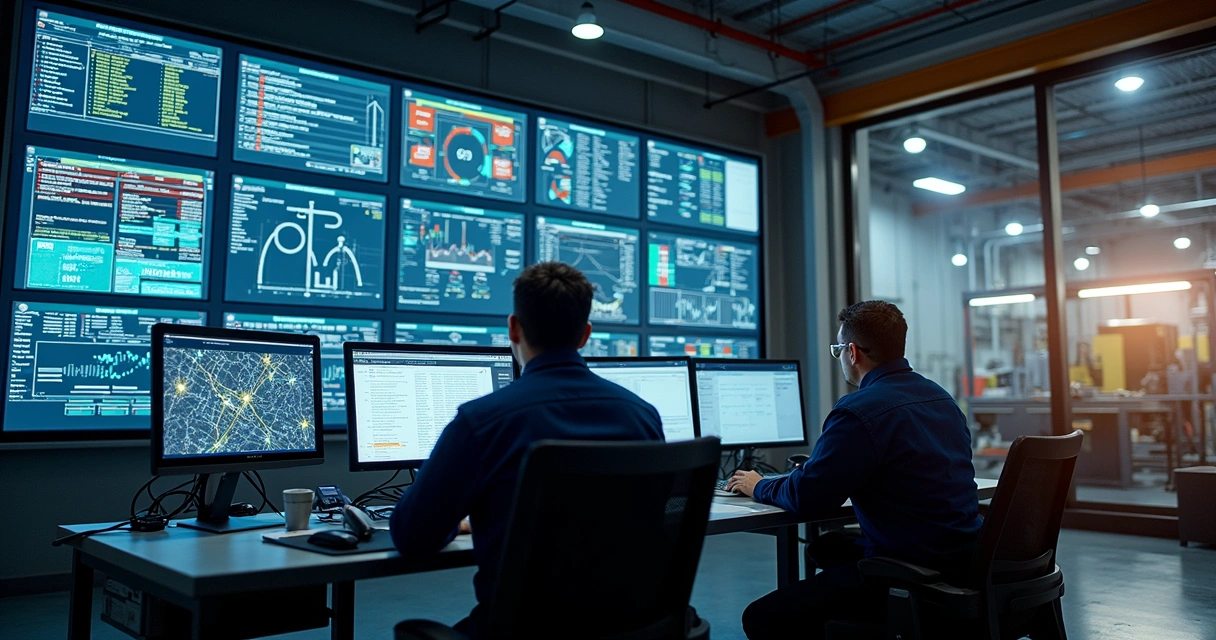 Control room dashboard with maintenance work orders on screens 
