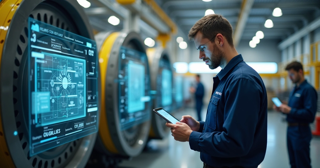 Technician using tablet for digital maintenance training with equipment in background. 