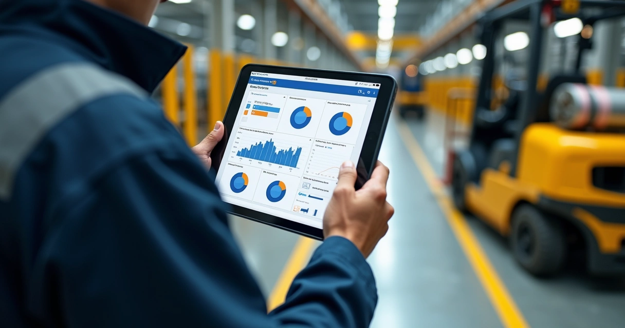 Engineer checks a KPI dashboard on a tablet in a factory floor. 
