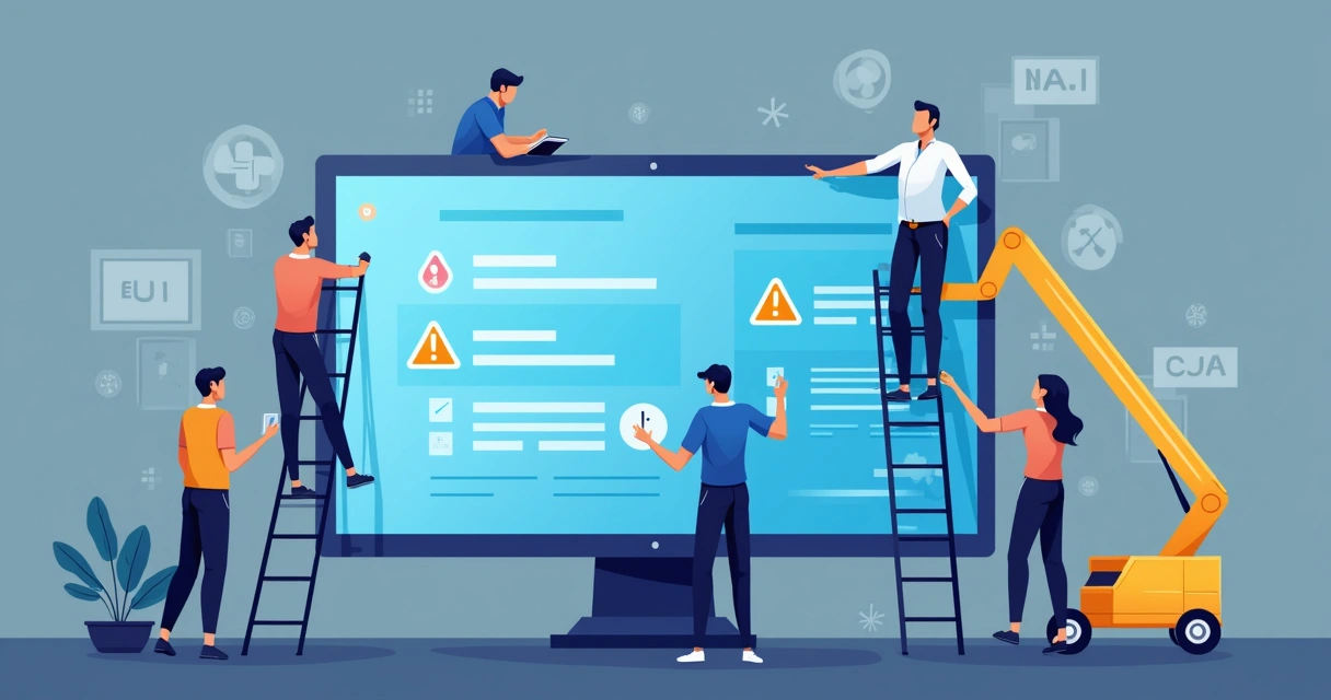 Maintenance workers fixing digital platform interface