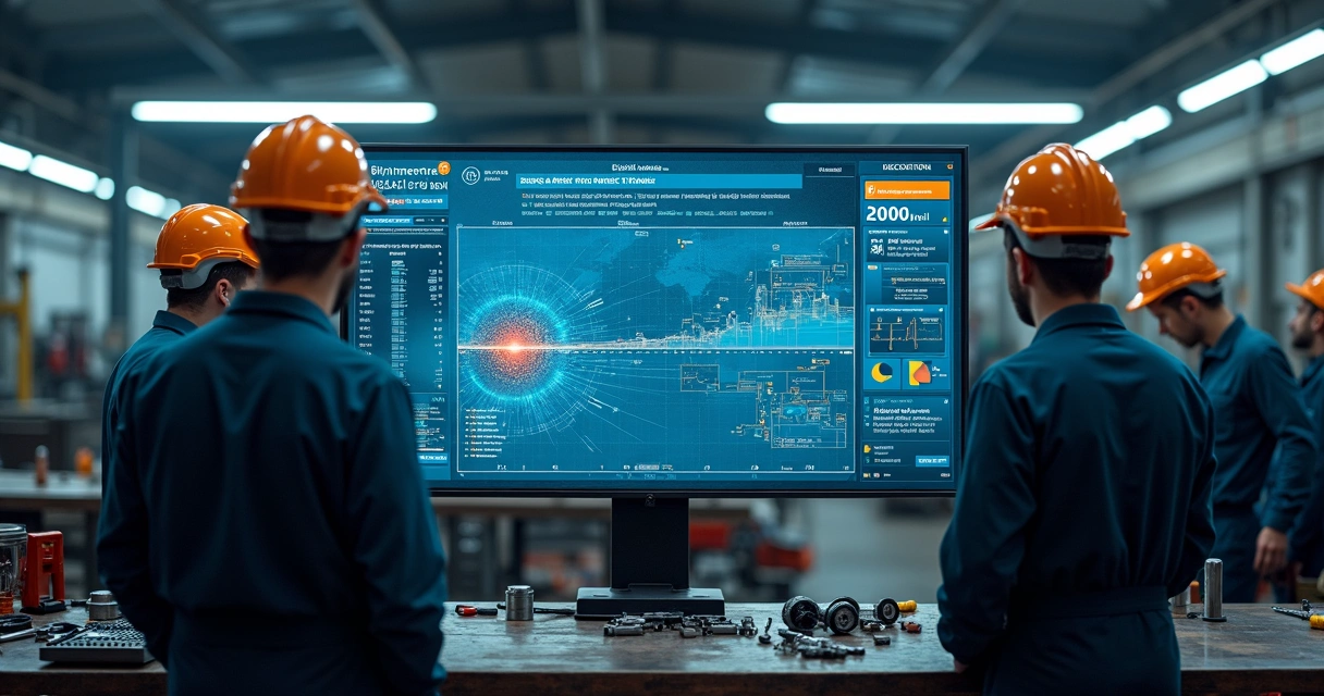Maintenance team reviewing AI diagnostic dashboard in workshop 