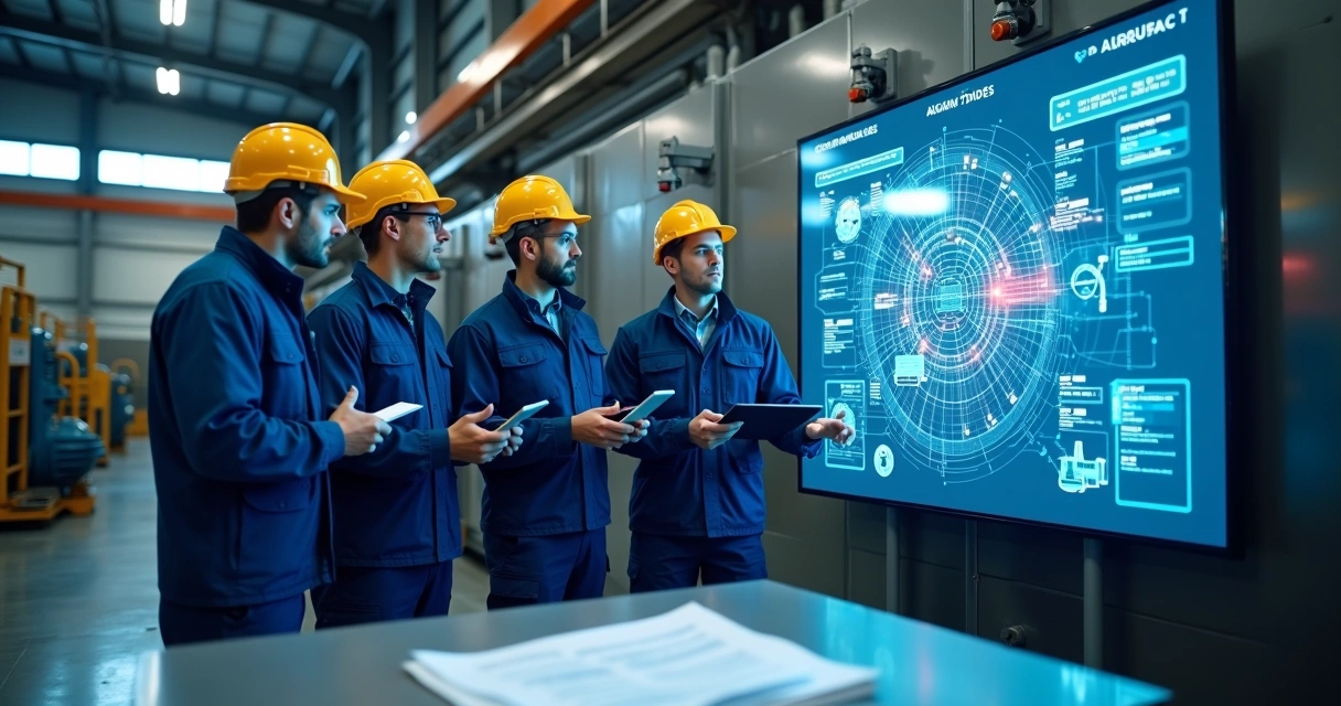 Maintenance team analyzing a large industrial diagram on a touchscreen wall 