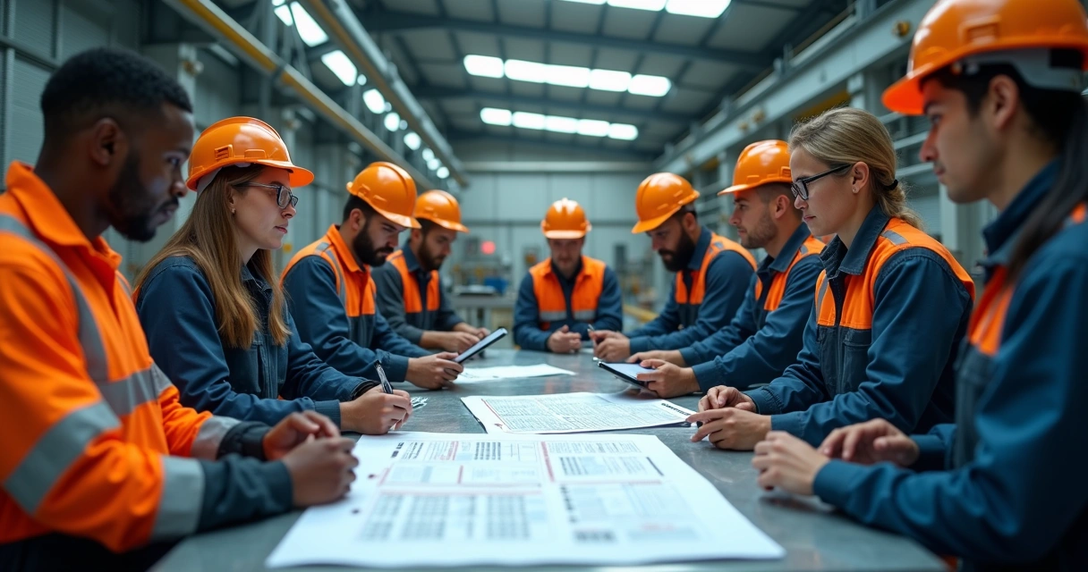 Industrial maintenance team reviewing compliance checklist together 