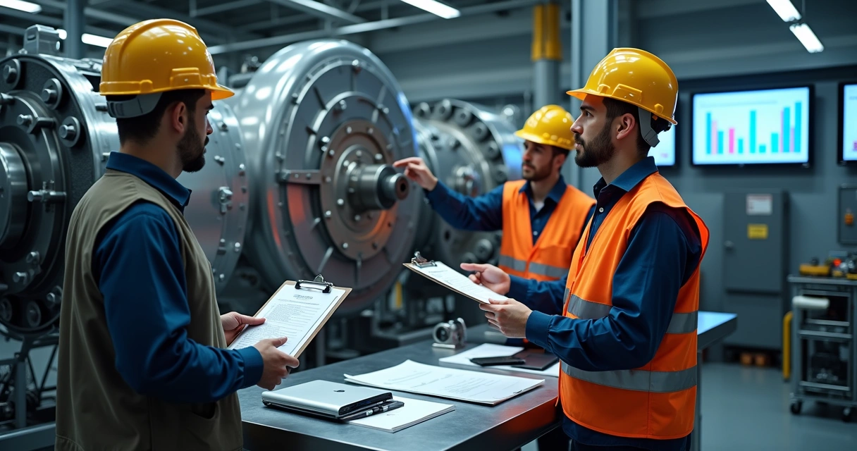 Maintenance team in front of industrial equipment reviewing documents 