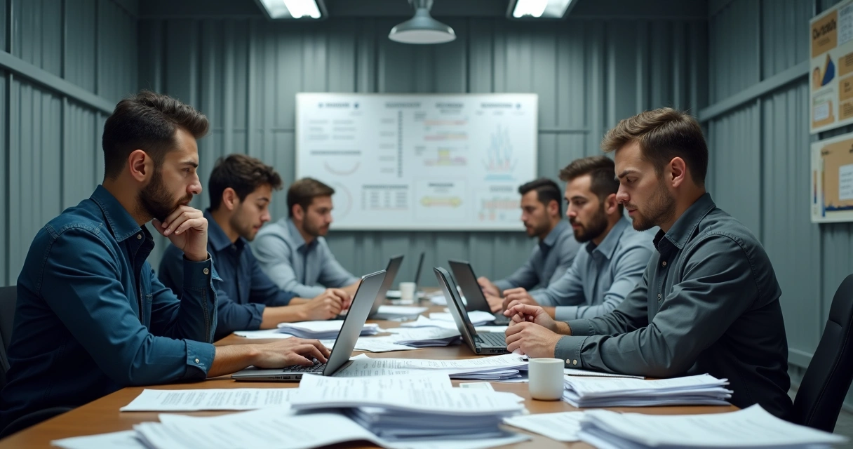 Wartungsteam umgeben von Papierkram und Laptops 