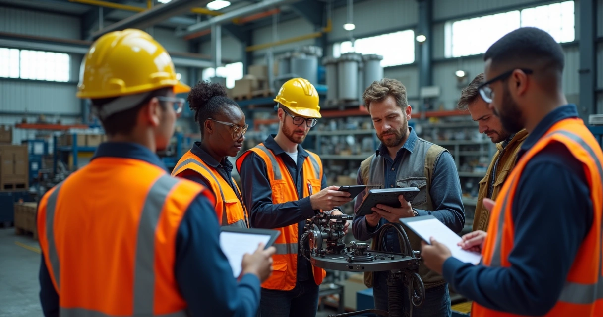 Maintenance crew participating in hands-on training in a factory 