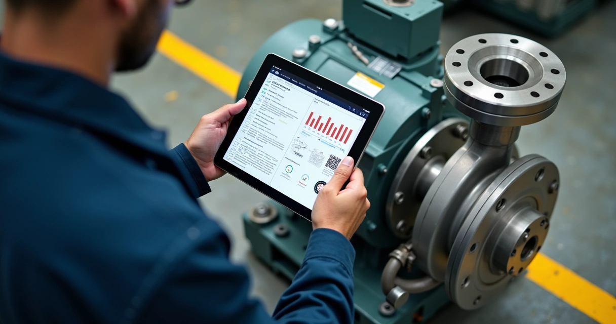 Maintenance tech follows a checklist beside a running pump. 