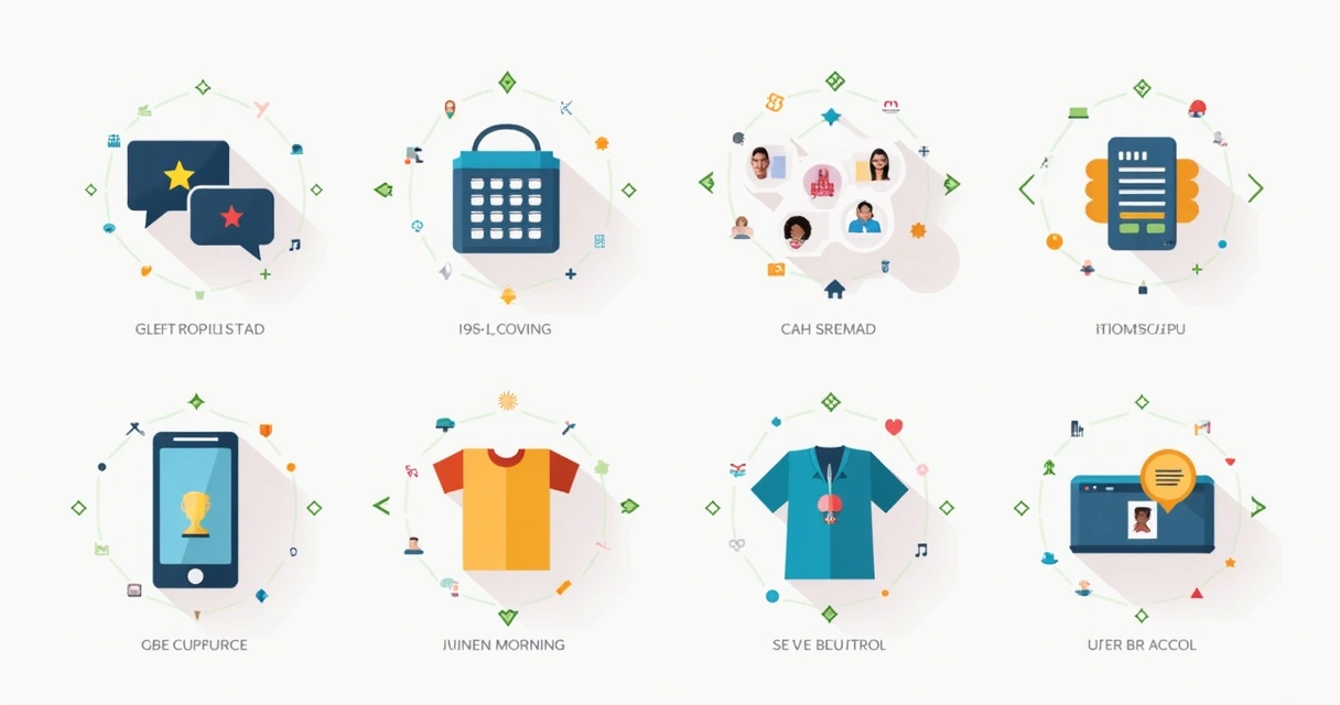 Painel ilustrativo mostrando diferentes marketplaces com números de usuários e símbolos de categorias de produtos 