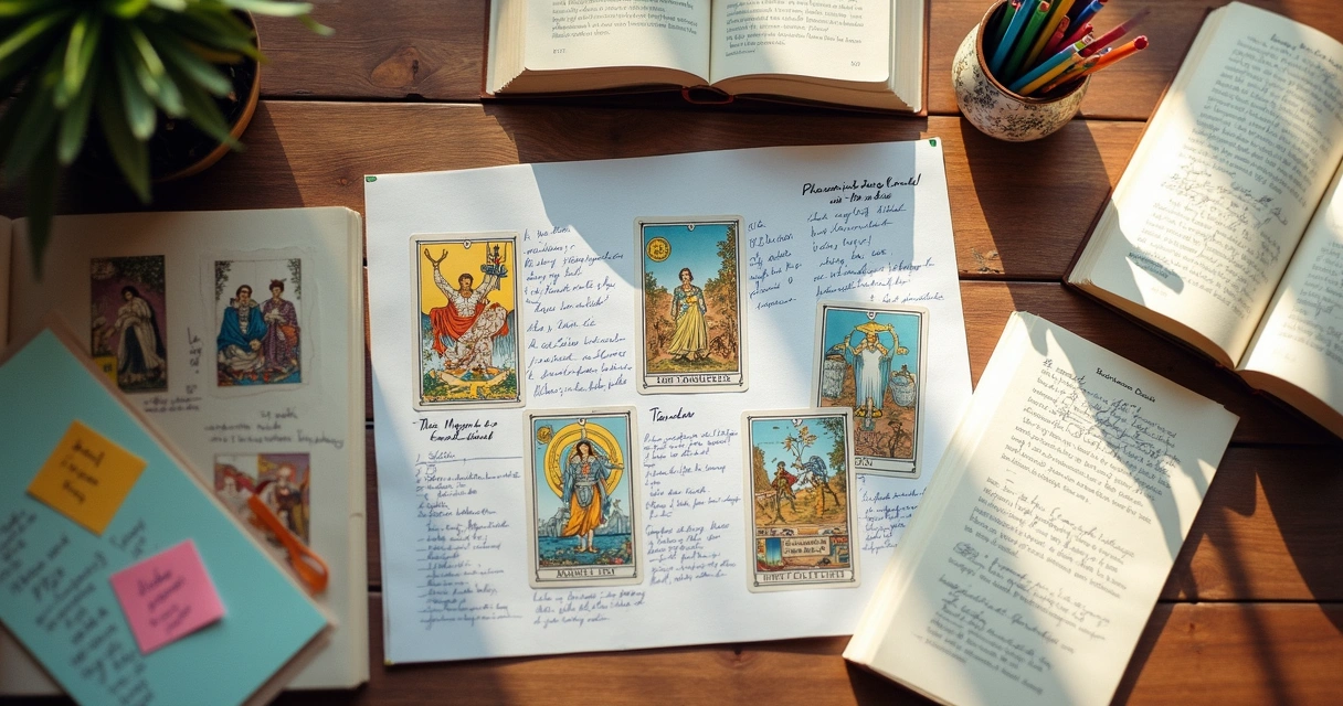Major Arcana cards with written notes for learning and study 